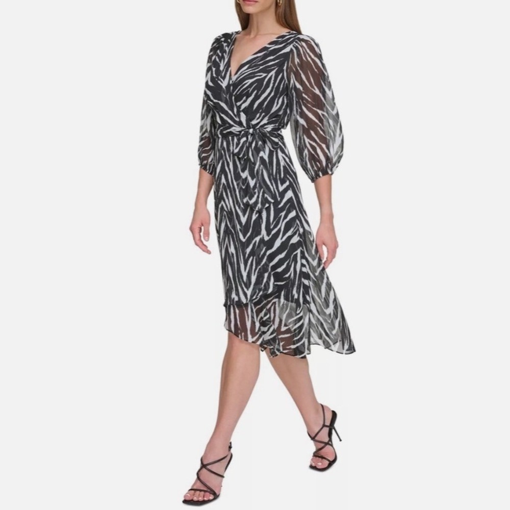 DKNY NWT Zebra Print Wrap Midi Dress Women US 10 V Neck Belted Sheer Sleeve